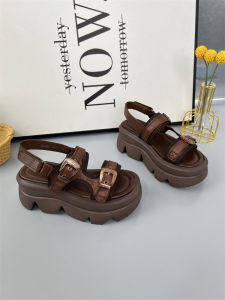 Retro Leather Belt Buckle Thick Heel Sandals Women Summer Outdoor Wear New High-End Toe-Open Platform Roman Sandals