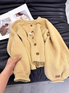 Autumn Winter New Style Small Size Yellow Outerwear Knitted Sweater Open Cardigan Soft Lazy Style Womens Top Korean Loose Fit