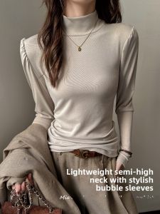 MiiOW | Womens Base Layer Shirt Half High Collar Bubble Sleeve Inner Wear Design Sensation Niche T-Shirt Cat Person Autumn Winter New Arrival