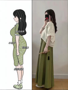 ชุดเดรสยาวแขนกุดคอวีสีเขียวสไตล์จีนใหม่สำหรับฤดูร้อน ชุดสองชิ้น เสื้อผ้าทำงานสไตล์ยุโรปและอเมริกัน