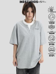 INSstudios American Splice Cool Feeling Short Sleeve Mens T-shirt Quick Dry Loose Fit Youth Fashion Casual Cotton Polyester Blend