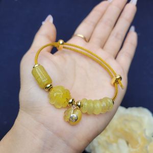 Vòng cáp lu thống cỏ 4 lá ngũ điếu Thạch anh tóc vàng mix túi tiền mắt hổ vàng tâm bọc bạc - Phong Thủy TUDO