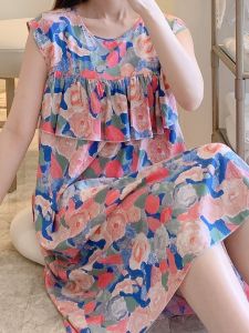 Summer Floral Print Sleep Dress Womens Cool Feeling Home Clothes Sleeveless Cotton Silk Large Size Artificial Cotton Loose Comfortable Midi Skirt