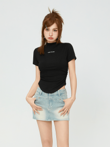 Summer Inner Wear Short Sleeve Knitted Top Shoulder Width Regular Cotton Blend Slim Fit High Neck Print OL Style Commute Fashion