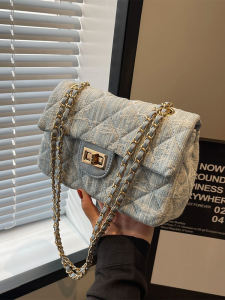 กระเป๋าสะพายข้างผ้าเดนิมทรงสี่เหลี่ยมเล็กแบบลำลองสำหรับผู้หญิง กระเป๋าสะพายข้างสายโซ่ปักลาย กระเป๋าสะพายข้างผ้าไนลอนสไตล์เกาหลี