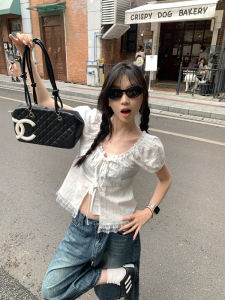 Pepe Home Sweet Style Lace Trim Belted Short Sleeve Shirt Women Summer New Fashion Slimming Elegant Top Korean Version Pure Cotton Breathable Skin-friendly