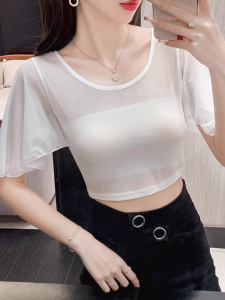 Áo Thun Lót Ren Gợi Cảm Cho Nữ Mùa Hè 2024 Áo Thun Tay Ngắn Cổ Tròn Dáng Ôm Vừa Vặn Họa Tiết Hoa Ren Lưới