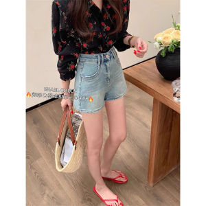 Retro High Waist Elastic Denim Shorts Womens Summer Thin Korean Style Versatile Slim A-Line Wide Leg Hot Pants Trendy