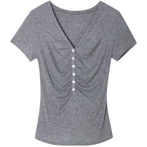 SOLWEIGE | SOLWEIGE Silk Wool V-neck Short-sleeved Slim-fit T-shirt Womens Fashionable Shell-buttoned Pleated Design Commute Style