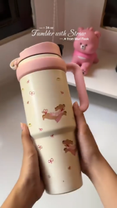 1000ml Cute Tumbler with Straw and Handle Vacuum Insulated Coffee Mug Hot And Cold Water Bottle