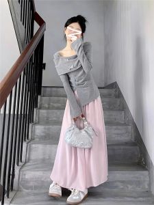 HUOLISI | Gray Off-Shoulder Long Sleeve Knit T-Shirt Irregular Design Inner Wear
