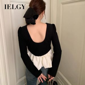 IELGY Korean chic autumn retro niche round neck backless splicing ruffled long-sleeved top for women