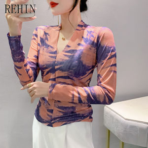 REHIN Spring new V-neck fashion printing mesh long-sleeved T-shirt Slim and thin versatile bottoming shirt elegant women blouse