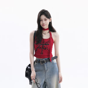Áo Croptop Quai Halter Có Đinh Đính Gothic Phong Cách Mỹ Ôm Sát Màu Đỏ