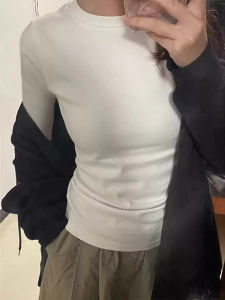 White Base Layer Long Sleeve T-Shirt Womens Slim Fit round Neck Top Versatile for Autumn Commute Style Korean Version