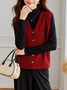 Red Pure Wool Knitted Sweater Vest Womens Fashion Autumn Winter V-neck Short Style Button Design Small Fragrance Style Ideas