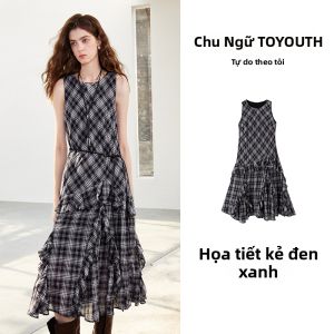 Toyouth | Đầm Dây Caro Ruffle Cổ Tròn Không Tay Cho Mùa Hè