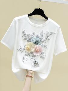 Pure Cotton Short Sleeve Embroidered Floral T-Shirt Womens Summer Top Commute Style Korean Version Straight Cut