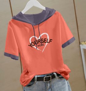 Summer New Style Loose Fit Short Sleeve Color Block Hoodie Womens Cotton T-Shirt Thin Korean Version Trendy Top