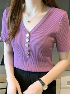 V Neck Ice Silk Short Sleeve T-shirt Womens Summer New Arrival K-style Silm Slim Looking Half Sleeve T-shirt Knitting Bottoming Shirt Womens Top