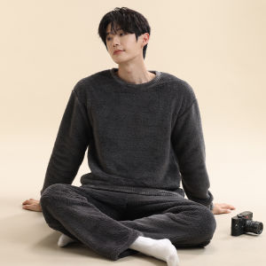 MiiOW | ชุดนอนผ้าขนแกะสองด้านสำหรับผู้ชาย ฤดูใบไม้ร่วง/ฤดูหนาว อบอุ่น ชุดอยู่บ้าน ขนแกะหนา ไซส์ใหญ่ ชุดนอนผ้าขนแกะสำหรับผู้ชาย