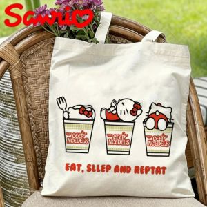 Sanrio | 1PC Sanrio Hello Kitty “Eat Sleep Repeat” Cup Noodles Print Eco-friendly Canvas Shoulder Bag