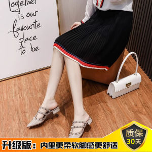 2025 Summer Nail Head Embellished Womens Roman Toe High Heels Flat Bottom Sandals Outdoor Wear Fashionable T-Strap mid Heel