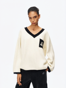 ANN ANDELMAN | V-neck Contrast Color Pullover Knitted Long-sleeved Shirt