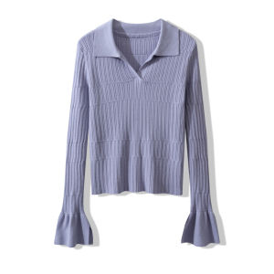 Purple Long Sleeve Knitted Polo Shirt Womens Slim Fit Turn-down Collar Korean Style Early Autumn New Arrival Chic Top