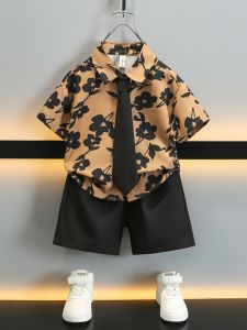 Boys Summer Shirt Set Thin Short Sleeve Vacation Clothes Baby Outfit Retro Childrens Casual Sportswear Five-Quarter Pants