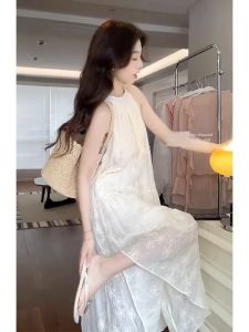 Spring Fashion Vacation Style White Sleeveless Halter Dress