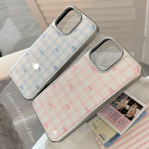 Sweet Pink Blue Bowknot Grid Pattern Glitter Drop Glue Silver Border Phone Cover Case for iPhone 17 16 15 14 13 12 Pro Max Plus
