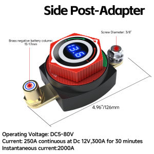 VANEAIMS LED Battery Disconnect Switch with Voltmeter 12V 24V DC 5-80V Voltage Display ON OFF Isolator Cut Off Switch Top Post Side Post Adapter for Car Truck RV Boat