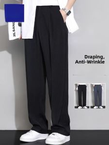 ROMON | Lormen Mens Straight Leg Casual Pants Ice Silk Drapey Wide Leg Long Summer Suit Trousers Spring Autumn Loose Fit Youth Fashion