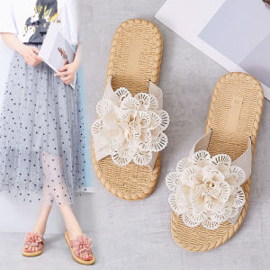 Korean Style Summer New Womens Flat Bottom Slippers Outdoor Floral Cool Slippers Internet Celebrity Adolescent Heart Versatile Student Slippers