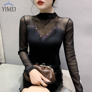 YIMEI Áo Thun Đính Cườm Cho Nữ Mùa Xuân 2023 Áo Lưới Dọc Cổ Bán Cao Mới Phong Cách Nước Ngoài Kim Cương Nóng Bỏng Khí Chất Thời Trang Lớp Lót Mỏng Và Gợi Cảm