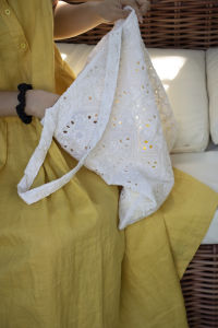 White Sunlight Original Design Cotton Linen Embroidered Rope Hollow out Canvas Shoulder Bag Unique Small Batch Womens Bag