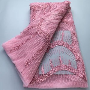 Luxury Pink African Net Tulle Fabric Heavy Beaded Sequined Embroidery Mesh Lace Fabric For Nigerian Wedding Party Evening Dress
