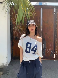 FASHLOVER Loose Casual Versatile T-shirt Off Shoulder Printed T-shirt Women Short Sleeved Summer Top