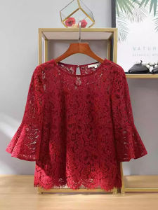 Womens round Neck Lace Base Shirt Hollow out Bell Sleeve Loose Fit Spring Autumn New Arrival Single Piece Pure Color Cotton Blend