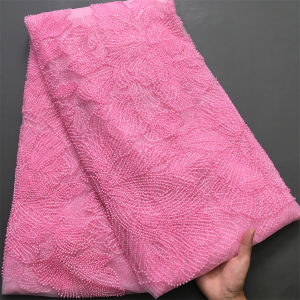 Pink African Heavy Beads Mesh Lace Fabric 2025 Embroidery Nigerian French Tulle Lace Fabric For Sewing Wedding Dress