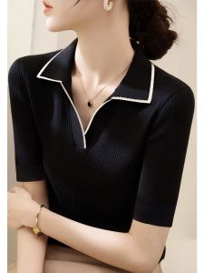 Áo Thun Dệt Kim Cổ Polo Mùa Hè 2025 Dáng Rộng Tay Ngắn Màu Trơn Cổ Polo Thường Ngày Cho Nữ