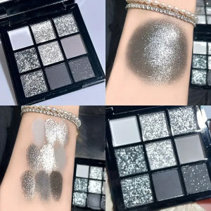 Black Swan 9-Color Eyeshadow Palette Mesmerizing Glitter GlamDramatic Smoky Punk EffectsHues in Light Gray&Dark Silver Makeup