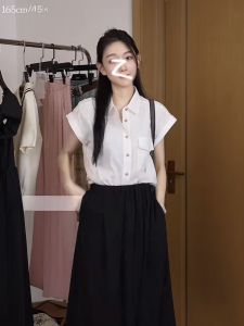 Elegant Minimalist White Tea Shirt for Women Summer Commute Versatile Top Korean Style Loose Fit Polyester Fiber Polo Collar