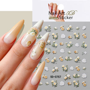 1Pcs 5D Embossed White Yellow Rose Nail Stickers Elegant Camellia Self-adhesive Nails Decals for Women Romantic Manicure Sliders