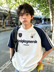 American Sport Style Stripe Patchwork Letter Print Tshirt Summer Heavyweight Cleanfit