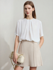 AMII | New Summer Round Neck Short Sleeve Pleated Two-way Wearing Lace-up Sheer Blouse