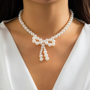 Ingemark | Ingemark Elegant Kpop Imitation Pearl Bowknot Bow Pendant Choker Necklace for Women Exquisite Clavicle Chain Wed Y2K Jewelry New