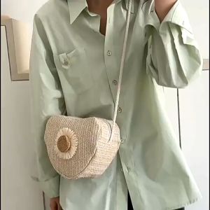 Tas anyaman hati bordir Tas Selempang Bucket Bahan Anyaman Bunga Matahari/Tas Pesta Wanita Bahan Anyaman BAO109