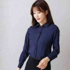 Cobalt Blue Long Sleeve Womens Shirt Versatile Base Layer Fashionable Professional Workwear Korean Style Formal Top